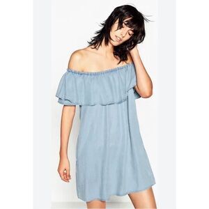 Zara Woman Premium Denim Off The Should Ruffle Dress Size S